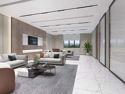 Modern Lounge Area Interior With Sofas Coffee Tables Potted Plant Wooden Walls And Marble Flooring 3d model