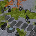 Japanese Zen Garden With Stone Path Moss Covered Rocks Red Tree Bamboo And Stone Basin