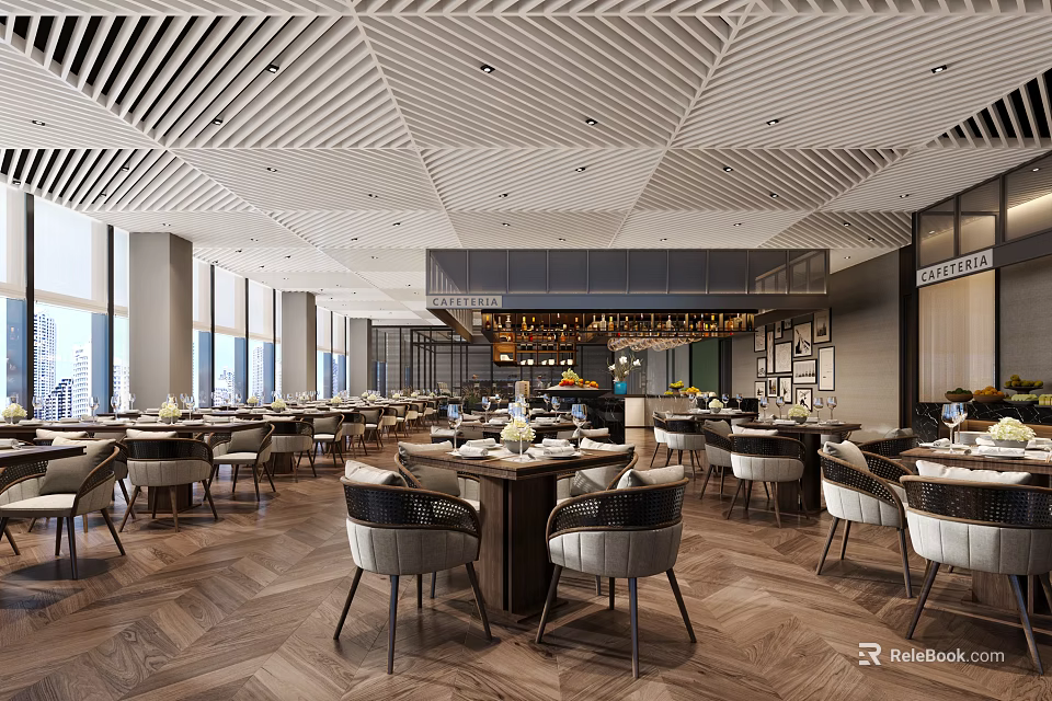 Elegant Restaurant Interior Design With Striped Ceiling Large Windows Wooden Flooring And Dining Table Settings 3d model 