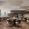 Elegant Restaurant Interior Design With Striped Ceiling Large Windows Wooden Flooring And Dining Table Settings