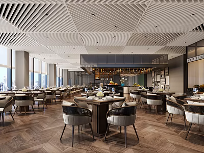 Elegant Restaurant Interior Design With Striped Ceiling Large Windows Wooden Flooring And Dining Table Settings 3d model