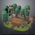 Vibrant Garden Scene With Green Trees Bench Lanterns Bunting Flags And Flower Beds