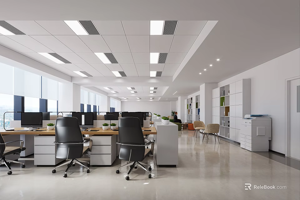 Modern Public Office Space With Open Layout Desks Computers And Office Chairs 3d model