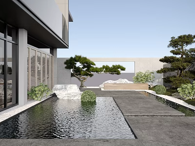 Modern Garden Design With Water Pool Stone Pathway Pine Trees And Green Plants 3d model