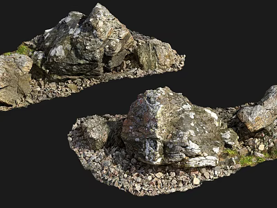 Natural Stone And Wood Elements With Mossy Surfaces And Gravel Base 3d model