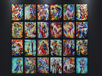 Oil Paintings Vibrant Colorful Artworks Multiple Pieces Arranged In Grid Wall 3d model