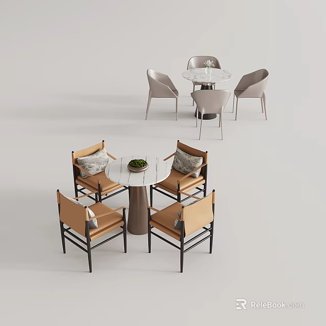 Modern Round Dining Table Set with Light Gray and Brown Chairs and Cushions 3d model