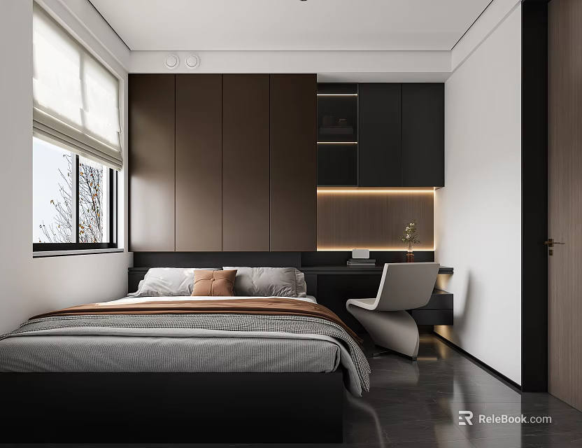Modern Tatami Bedroom Interior With Bed Desk Chair And Storage Cabinets 3d model 