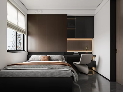 Modern Tatami Bedroom Interior With Bed Desk Chair And Storage Cabinets 3d model