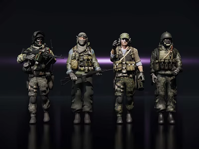 Group of Military Action Figures in Camouflage Uniforms With Weapons And Tactical Gear 3d model