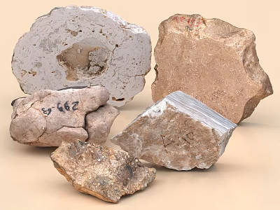 Natural Stones and Wood Decorative Pieces with Varied Textures and Irregular Shapes 3d model
