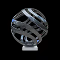 Intricate Modern Metal Spherical Sculpture With Intertwined Strips On White Base