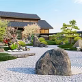 Traditional Japanese Dry Landscape Garden With Large Rocks Pine Trees And Pebble Pathway
