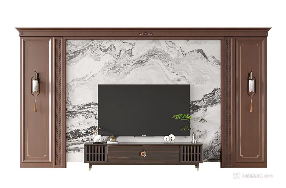 Luxurious TV Wall Design with Marble Texture Dark Wood Frame Decorative Lights and Green Plant 3d model 