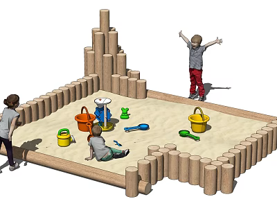 Outdoor Sandpit Play Equipment with Wooden Log Border Sand Buckets Shovels for Children 3d model