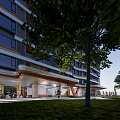 Modern High Rise Building Entrance With Red V Shape Accent Green Plants And Stone Pathway