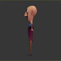 3D Bald Headed Cartoon Character With Big Eyes Purple Coat Blue Shirt And Arms Outstretched