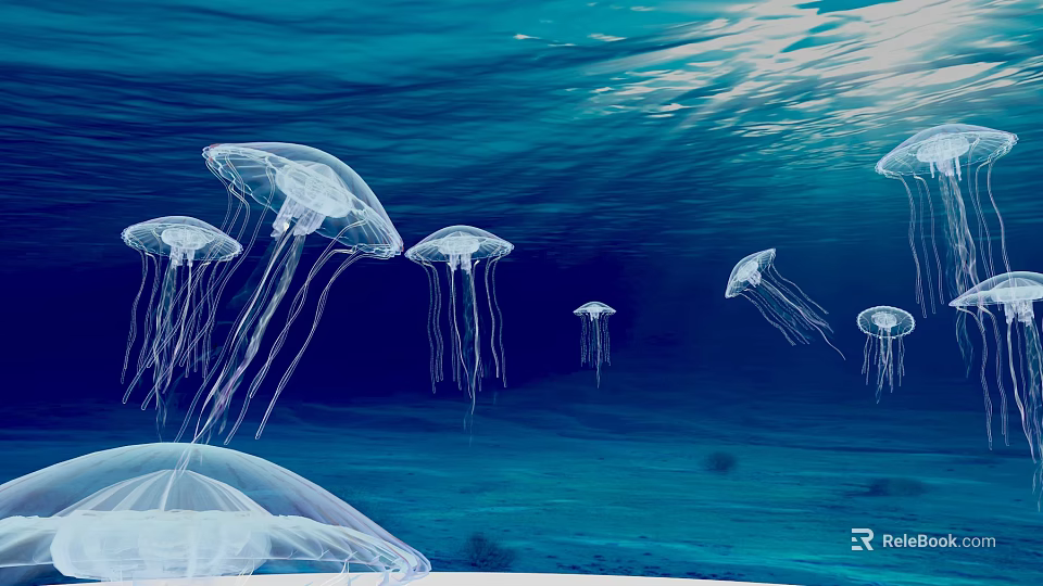 School of Graceful Transparent Jellyfish Swimming Underwater In Blue Ocean Water 3d model 