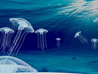 School of Graceful Transparent Jellyfish Swimming Underwater In Blue Ocean Water 3d model