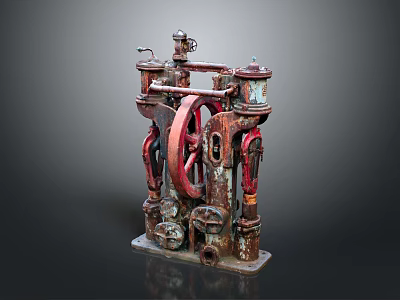 Vintage Industrial Equipment Featuring Rusty Metal Structure Red Wheel and Pipes 3d model