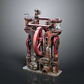 Vintage Industrial Equipment Featuring Rusty Metal Structure Red Wheel and Pipes