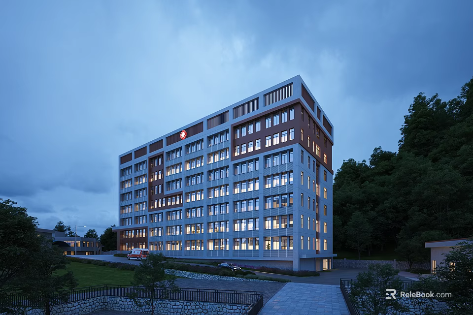 Modern Residential Building Exterior With Illuminated Windows Surrounded By Green Trees At Dusk 3d model 