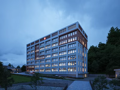 Modern Residential Building Exterior With Illuminated Windows Surrounded By Green Trees At Dusk 3d model