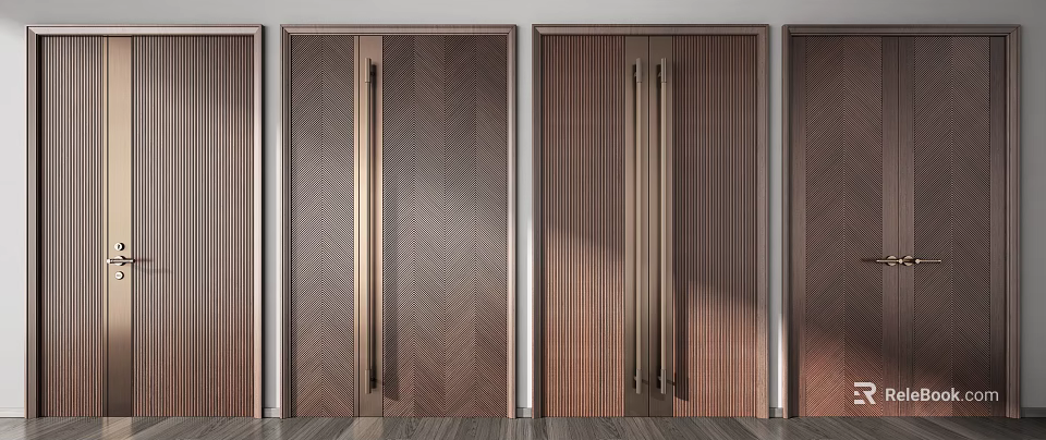Elegant Wooden Double Doors with Herringbone Pattern and Metal Handles for Modern Home 3d model 