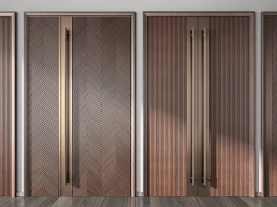 Elegant Wooden Double Doors with Herringbone Pattern and Metal Handles for Modern Home 3d model