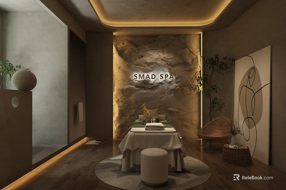 SPA Sauna Relaxation Space With Natural Stone Wall Warm Lighting And Green Plants 3d model 