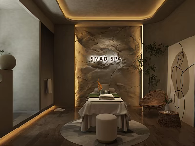 SPA Sauna Relaxation Space With Natural Stone Wall Warm Lighting And Green Plants 3d model