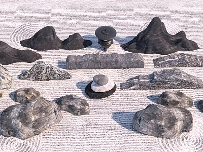 Natural Stones And Wooden Accents Artistically Arranged On Sandy Zen Garden Surface 3d model