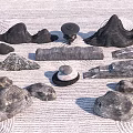 Natural Stones And Wooden Accents Artistically Arranged On Sandy Zen Garden Surface