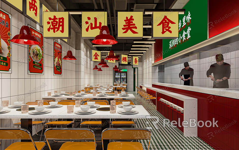 Modern Fast Food Shop Snack Shop Catering Snack Shop Cantonese Snack Shop Food Card Seat Dining Table and Chair model