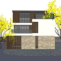 Modern Two Story Detached Villa With Large Glass Windows Stone Walls Wooden Fences And Trees