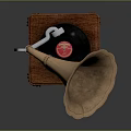 Vintage Gramophone With Brass Horn Vinyl Record And Carved Wooden Base