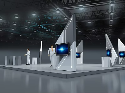 Modern Exhibition Booth With White Stands Digital Screens Lighting And People In White Clothing 3d model