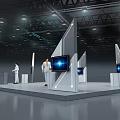 Modern Exhibition Booth With White Stands Digital Screens Lighting And People In White Clothing