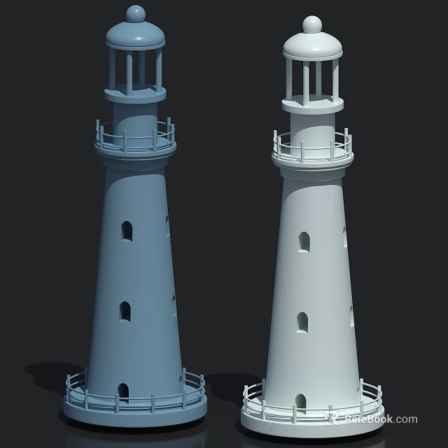 Two Blue and White Lighthouses with Railing and Windows Structure 3d model