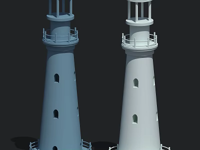 Two Blue and White Lighthouses with Railing and Windows Structure 3d model