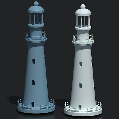 Two Blue and White Lighthouses with Railing and Windows Structure 3d model