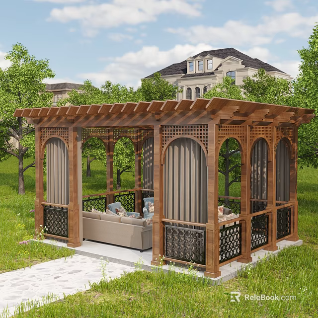 Wooden Pergola With Carved Lattice Design Outdoor Sofa Seating And Green Lawn Trees Background House 3d model 