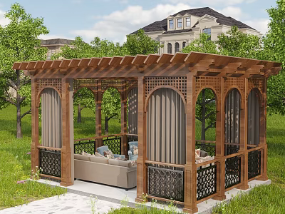 Wooden Pergola With Carved Lattice Design Outdoor Sofa Seating And Green Lawn Trees Background House 3d model