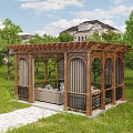 Wooden Pergola With Carved Lattice Design Outdoor Sofa Seating And Green Lawn Trees Background House