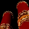 Red Columns With Golden Decorations And Intricate Base Patterns On Black Background And Golden Floor