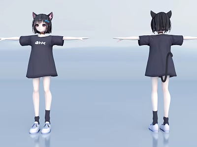Anime Character In Black T-Shirt With Cat Ears And Tail Front Back View Arms Outstretched 3d model
