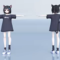 Anime Character In Black T-Shirt With Cat Ears And Tail Front Back View Arms Outstretched