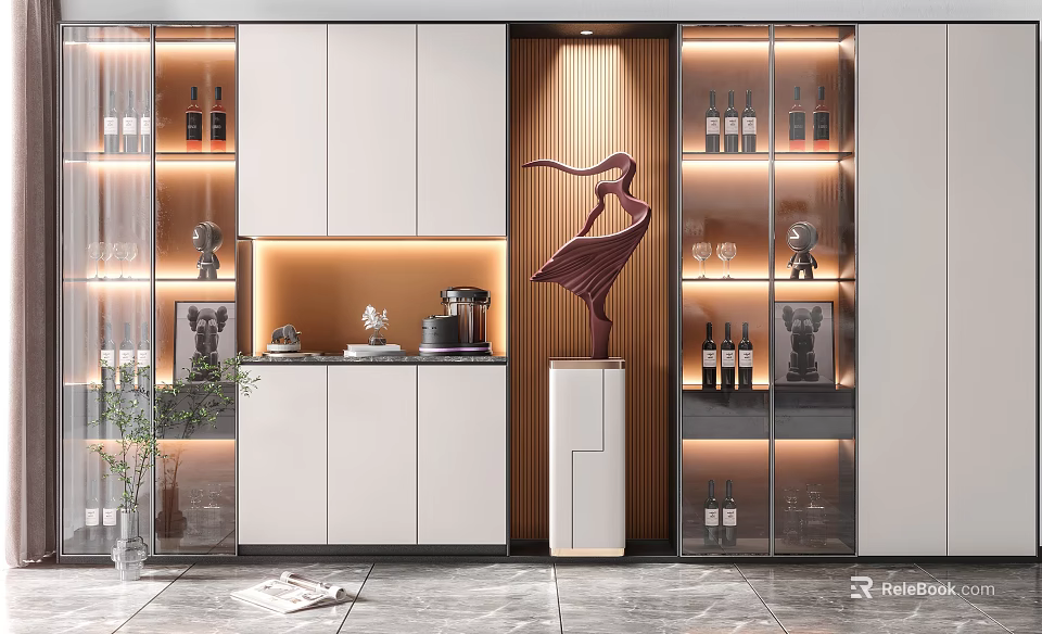 Elegant Modern Wine Cabinet With Glass Doors White Cabinets LED Lighting And Decorative Sculpture 3d model 