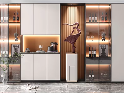 Elegant Modern Wine Cabinet With Glass Doors White Cabinets LED Lighting And Decorative Sculpture 3d model