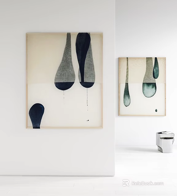 Abstract Paintings Featuring Irregular Dark Forms on Light Background Hanging on White Wall 3d model
